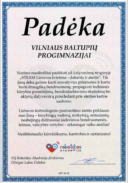 Padėka Robotikos akademija